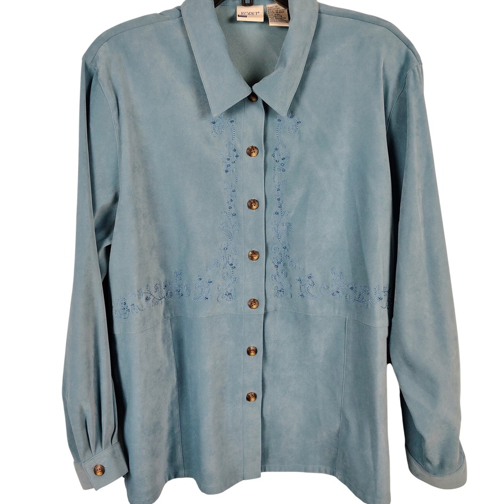 Koret Womens PXL Button Down Shirt Blue Faux Suede Embroidered Coastal Grandma